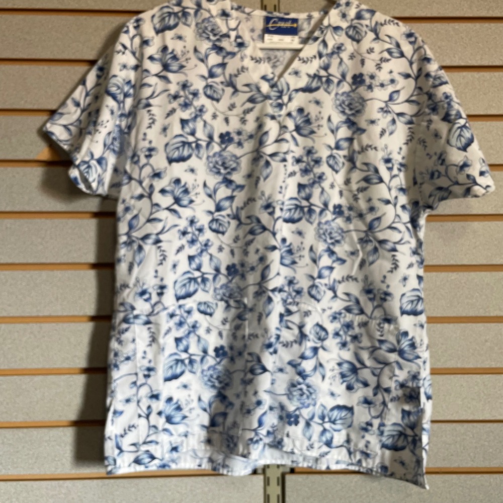 Crest Womens Blue White Floral Toile‎ Scrub Top V-Neck Medical Uniform Small
